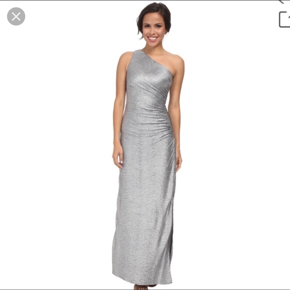 Silver, asymmetrical one shoulder gown